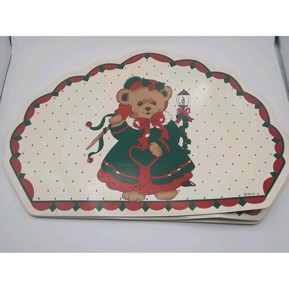 4 Vintage B&D Vinyl Christmas Placemats Scalloped Edges Girl Bear  Holiday